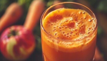 Selective focus on fresh natural apple carrot juice in a glass