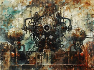 Illustrate a detailed oil painting depicting a frontal view of futuristic technologies intertwined with terrifying horror themes Use unexpected camera angles to intensify the chill