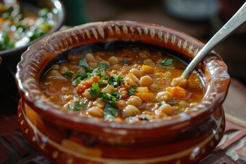 Serving Harira soup for iftar during Ramadan from Morocco - obrazy, fototapety, plakaty