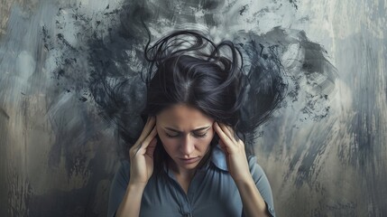 A stressed woman is trapped in a cycle of negative thoughts. She's battling anxiety and mental health issues.