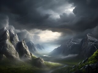 A painting of a dark and foreboding mountain valley with dark clouds, lighting, and birds flying overhead.