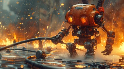 A robot is spraying water on a fire. The robot is orange and red