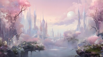 Fantasy landscape with a pond and a castle in the background. - Powered by Adobe