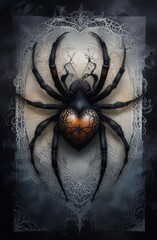 dark spider with ornate heart-shaped body on ornate web frame against background in grey hues. concepts: Gothic or dark aesthetic themes, phobias or fears, horror or fantasy genres, Halloween