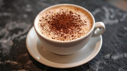 Fototapeta premium A white coffee cup with a white saucer and a brown powder on top. The cup is sitting on a black surface