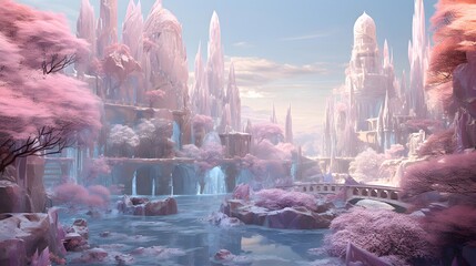 Fantasy landscape with a pond and a fountain. 3d rendering
