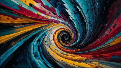 an abstract painting with swirling spiral lines in blue, yellow, and red