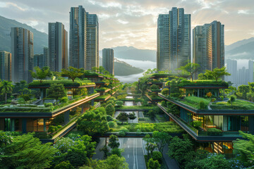 Fototapeta premium Artistic rendering of futuristic green roof systems on urban high-rises, combining nature with modern living.. AI generated.