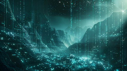 Cyberspace Canyons: A Photorealistic Digital Landscape Symbolizing Data Layers in the Cybernetic World