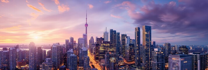 Majestic panoramic skyline of Toronto, Canada at dusk with vibrant sky and illuminated skyscrapers