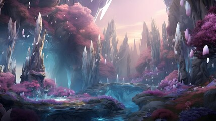 Fantasy landscape with fantasy forest and lake. 3d illustration.