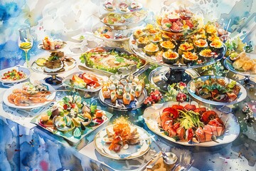 Step into the world of culinary magic through a hyper-realistic watercolor painting, showcasing tantalizing dishes from surprising low-angle perspectives