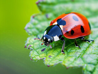 Vibrant ladybug perched on a green leaf, captured in high-definition, close-up photography, with natural lighting.