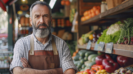 A man stands in front of a produce stand with his arms crossed. He looks serious and focused - Powered by Adobe