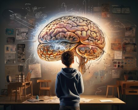 Teenager solving complex math problems on a whiteboard, educational posters in the background. Hyper realistic