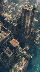 Capture a hauntingly beautiful dystopian scene from a unique aerial perspective, portraying decaying structures in a dreamy, impressionistic style