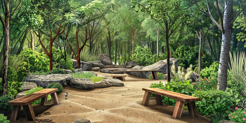 Outdoor Learning Area Floor: Displaying benches, natural features like trees or rocks, and designated spaces for outdoor lessons