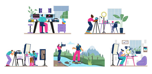 Video makers and motion designers set of flat vector illustrations isolated.