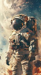 Capture the essence of Space Exploration with a street art twist Showcase astronauts in urban settings at eye-level, incorporating a blend of graffiti and cosmic elements