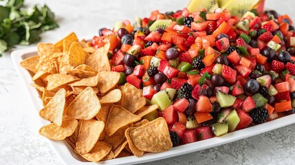 fruit salsa with cinnamon chips on white plate - Powered by Adobe