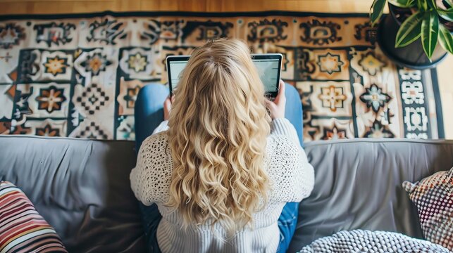 A woman with blonde hair sits on a sofa at home. She is using her laptop to shop online for Cyber Monday sales. - Powered by Adobe