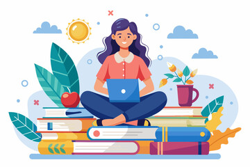 A woman is sitting with a laptop open in front of a stack of books, woman in front of a laptop sitting with books on online learning, Simple and minimalist flat Vector Illustration