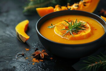 Spiced pumpkin soup in black bowl close up with dark background and copy space