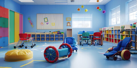 Special Education Classroom Floor: Showing sensory-friendly furniture, learning aids, and specialized equipment for students with disabilities