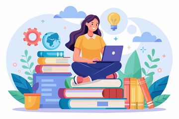 A woman is sitting with a laptop open in front of a stack of books, woman in front of a laptop sitting with books on online learning, Simple and minimalist flat Vector Illustration