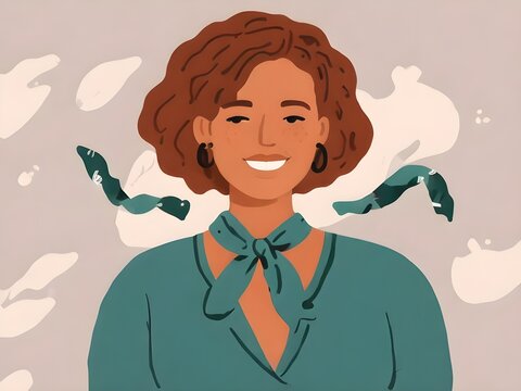 Illustration flat style of woman with a warm smile a striking teal ribbon around her neck as a symbol of ovarian cancer awareness.