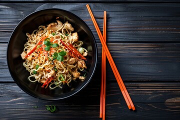 Spicy chicken noodle in black bowl with orange chopsticks on wood background Still life with copy space
