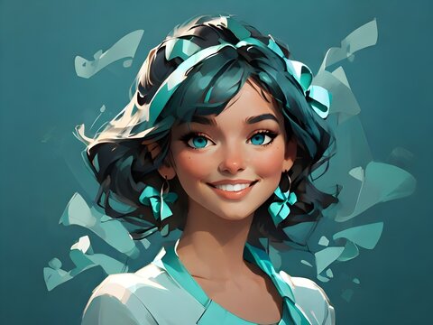 Illustration of woman with a warm smile a striking teal ribbon around her ear as a symbol of ovarian cancer awareness.