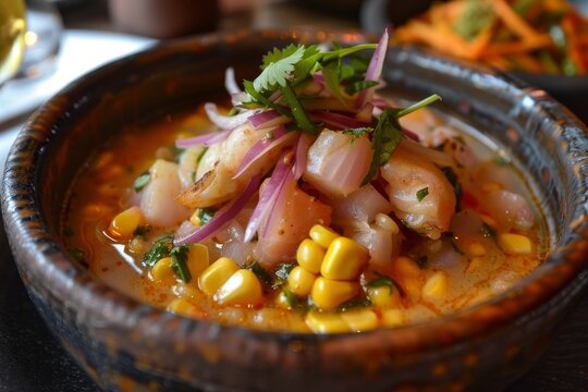 Spicy Peruvian ceviche with chifle corn sweet potato and pork rinds