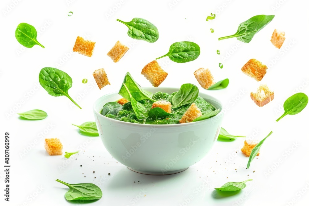 Wall mural spinach and croutons in white bowl - Wall murals