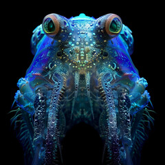 The image shows a glowing blue octopus-like creature with large eyes and a crown of tentacles.