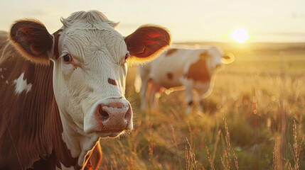 Two cows are standing in a field with the sun setting in the background. The cows are brown and white and are facing the camera