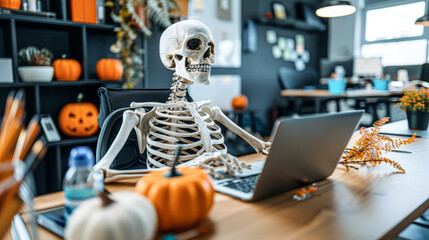 A skeleton is sitting at a desk with a laptop and a pumpkin on the table. The scene is set in a Halloween office, with a pumpkin and other pumpkins scattered around the room