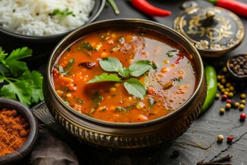Spicy tomato soup from South India with Indian spices tamarind and cumin a traditional vegetarian dish often served with rice
