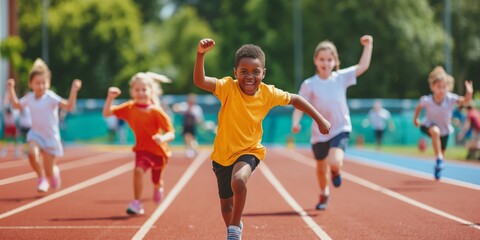 Obraz premium Enthusiastic young boy crossing the finish line first in a school track race