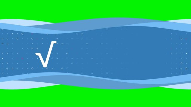 Animation of blue banner waves movement with white square root symbol on the left. On the background there are small white shapes. Seamless looped 4k animation on chroma key background