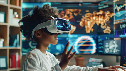 A young girl wearing a virtual reality headset is playing a game on a computer. The room is filled with monitors displaying various images and data. The girl is focused on the game