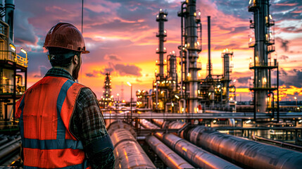 A man in a safety vest stands in front of a large industrial plant. The sky is orange and the sun...
