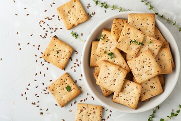 Square herbal crackers on white plate with copy space