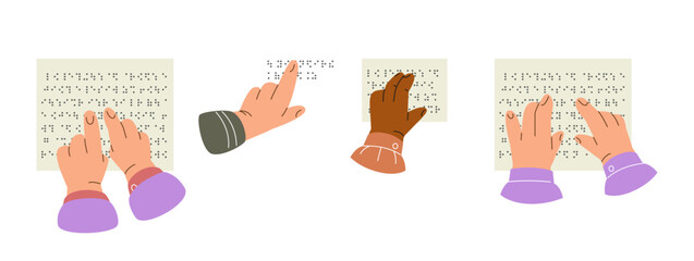 Diverse hands reading braille vector set
