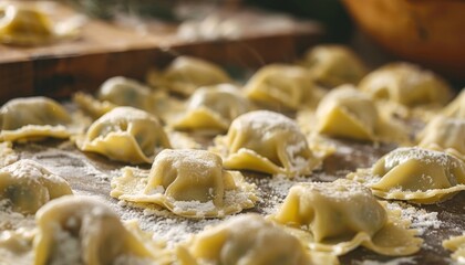 Stone floor frozen ravioli stuffed in the middle Turkish traditional delicacy close up