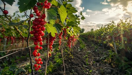 Summer field with abundant ripe red currant berries on a bush offers a panoramic view