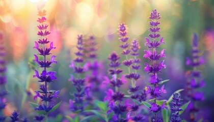 Summer flowerbed of bright purple woodland sage flower Salvia nemorosa on blurred background vintage colors