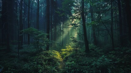 The Enchanted Forest  The sun's rays pierce through the dense canopy of the ancient forest, creating a mystical atmosphere.