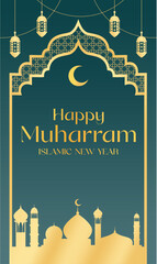 Happy muharram islamic new year banner postcard golden mosque midnight green star and moon background Muslim holidays 