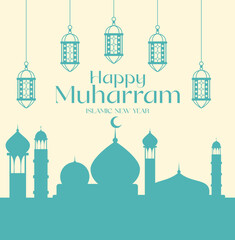 Happy muharram islamic new year banner postcard mosque background Muslim holidays